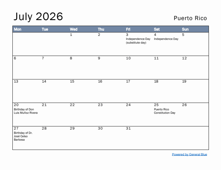July 2026 Simple Monthly Calendar for Puerto Rico