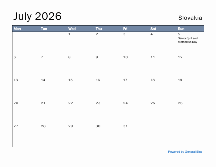 July 2026 Simple Monthly Calendar for Slovakia
