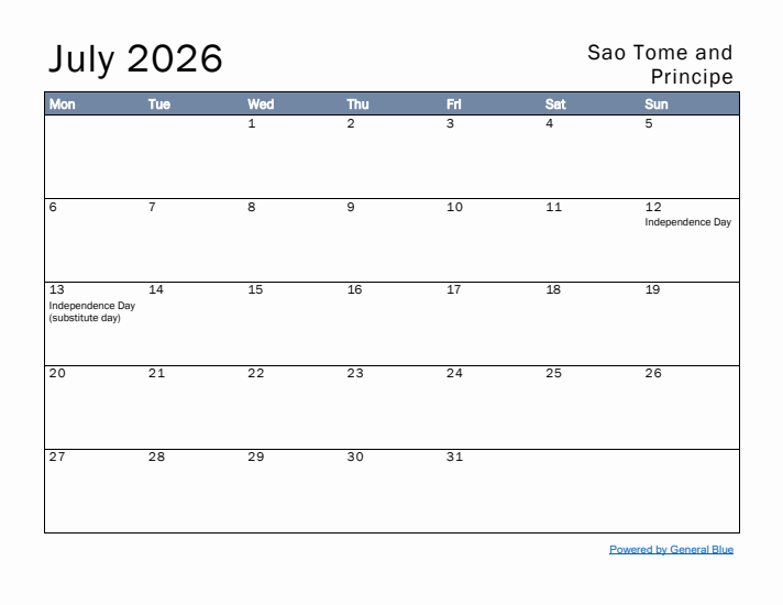 July 2026 Simple Monthly Calendar for Sao Tome and Principe