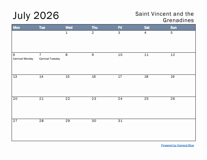 July 2026 Simple Monthly Calendar for Saint Vincent and the Grenadines