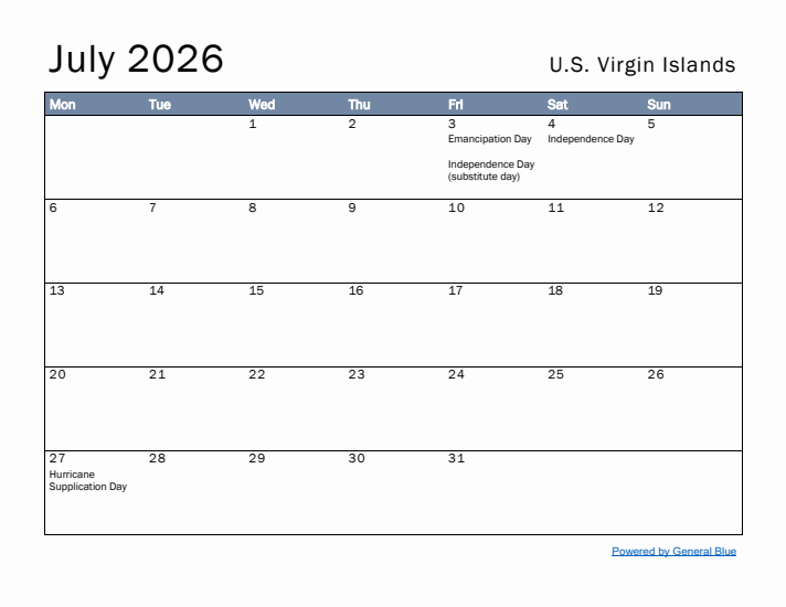 July 2026 Simple Monthly Calendar for U.S. Virgin Islands