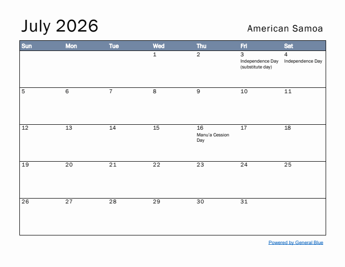 July 2026 Simple Monthly Calendar for American Samoa