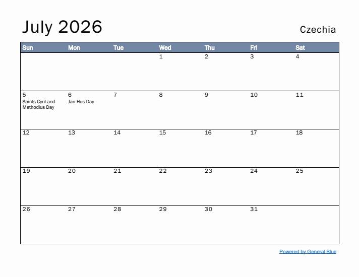 July 2026 Simple Monthly Calendar for Czechia