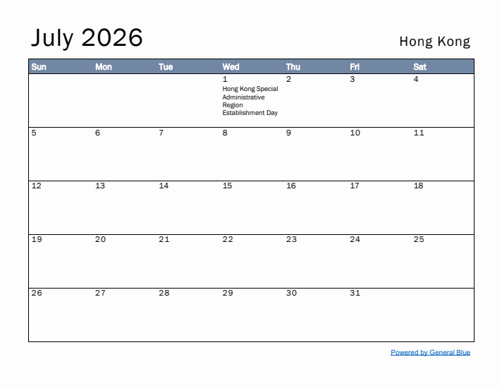 July 2026 Simple Monthly Calendar for Hong Kong