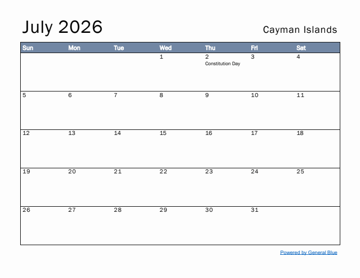 July 2026 Simple Monthly Calendar for Cayman Islands