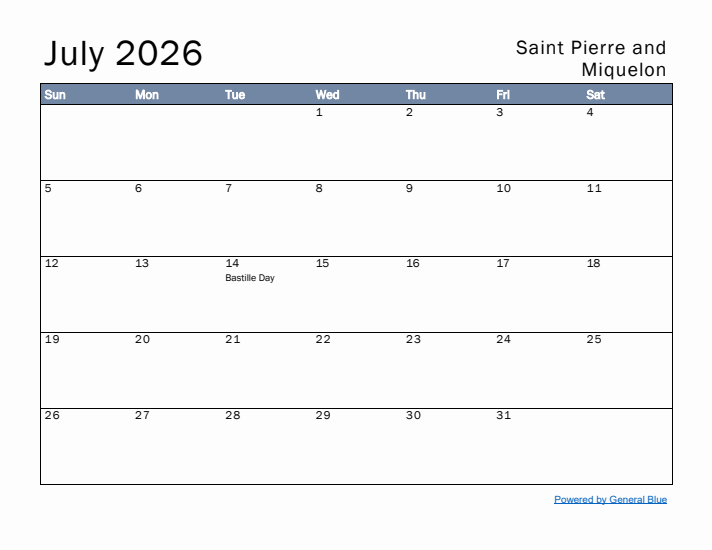 July 2026 Simple Monthly Calendar for Saint Pierre and Miquelon