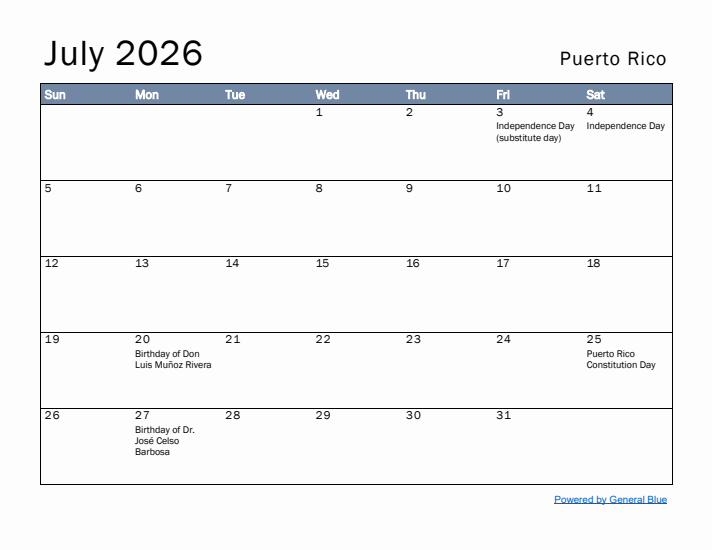 July 2026 Simple Monthly Calendar for Puerto Rico