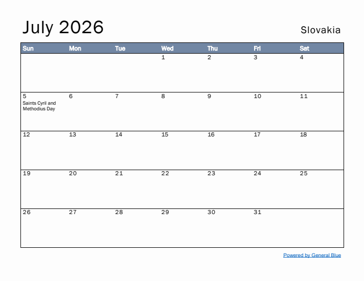 July 2026 Simple Monthly Calendar for Slovakia