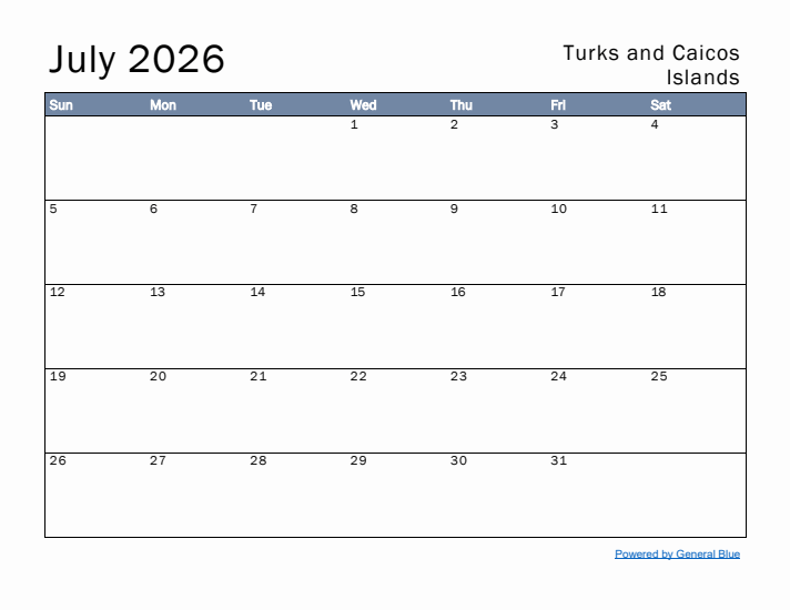 July 2026 Simple Monthly Calendar for Turks and Caicos Islands
