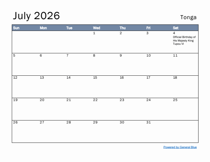 July 2026 Simple Monthly Calendar for Tonga