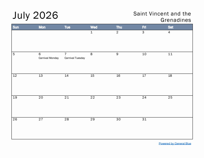 July 2026 Simple Monthly Calendar for Saint Vincent and the Grenadines