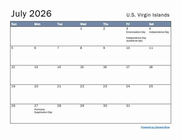 July 2026 Simple Monthly Calendar for U.S. Virgin Islands