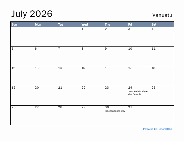 July 2026 Simple Monthly Calendar for Vanuatu