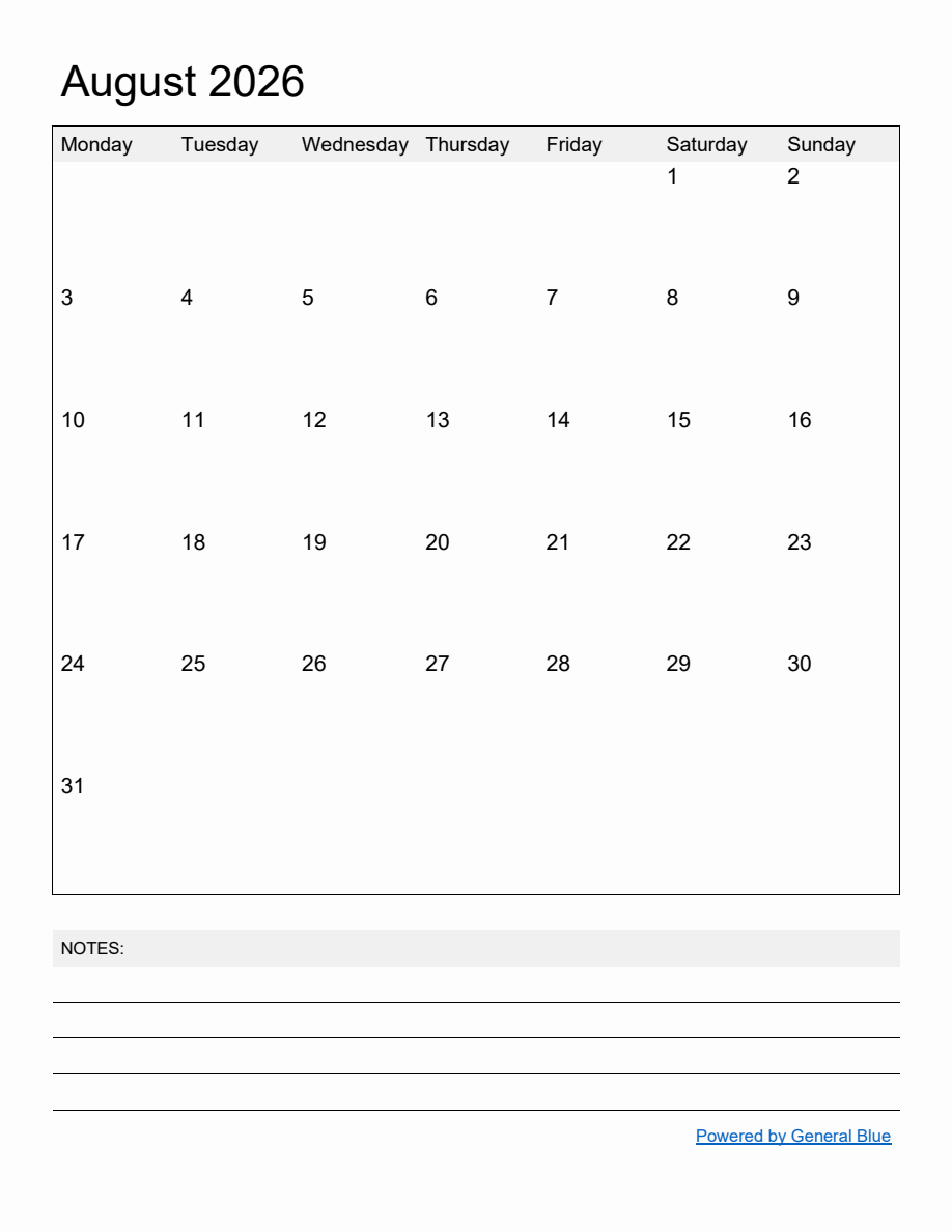 Free Printable Monthly Calendar for August 2026