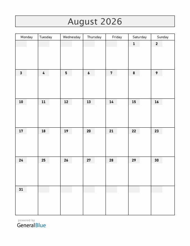 Blank August 2026 Calendar