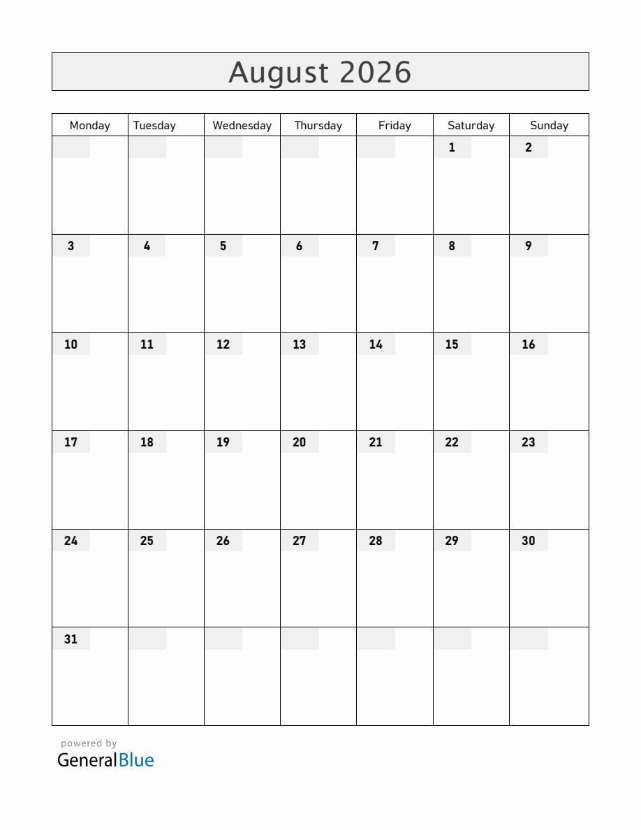 Blank August 2026 Calendar - Monday Start
