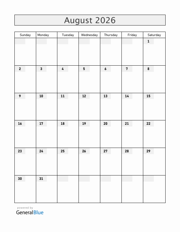 Blank August 2026 Calendar