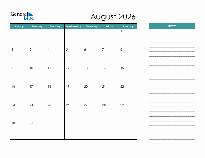 Printable August 2026 Calendar