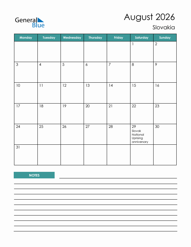 Calendar with Notes Printable - Monday Start