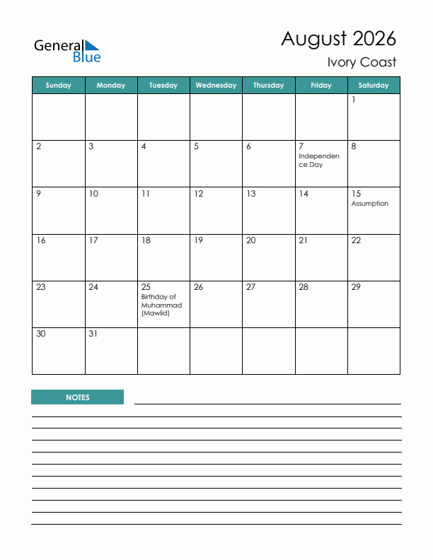 Calendar with Notes Printable - Sunday Start