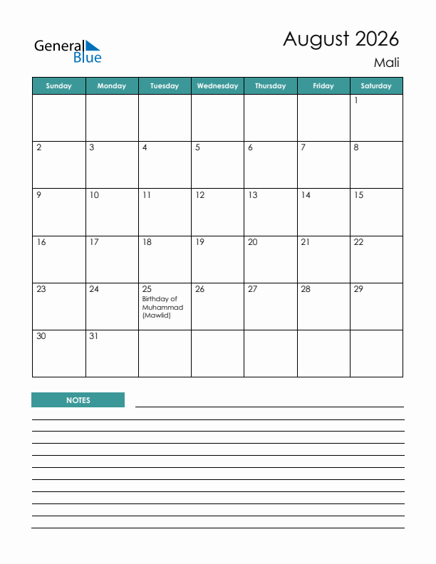 Calendar with Notes Printable - Sunday Start