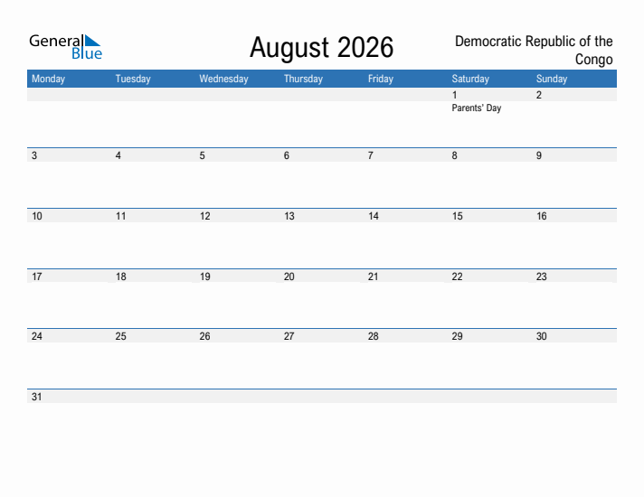 Fillable August 2026 Calendar