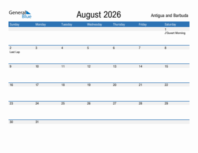 Current month calendar with Antigua and Barbuda holidays for August 2026