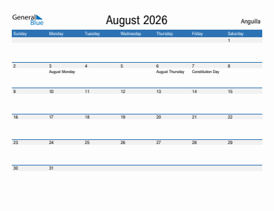 Current month calendar with Anguilla holidays for August 2026