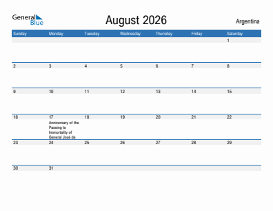 Current month calendar with Argentina holidays for August 2026