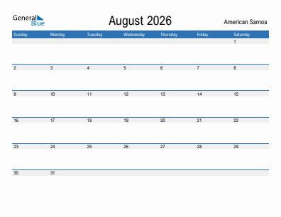 Current month calendar with American Samoa holidays for August 2026