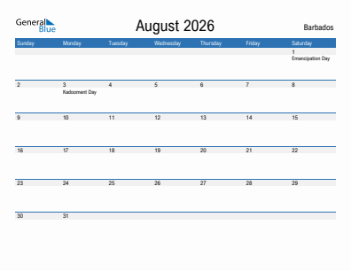 Current month calendar with Barbados holidays for August 2026