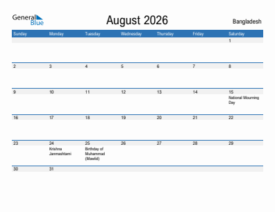 Current month calendar with Bangladesh holidays for August 2026