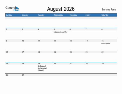 Current month calendar with Burkina Faso holidays for August 2026