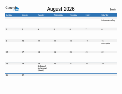 Current month calendar with Benin holidays for August 2026