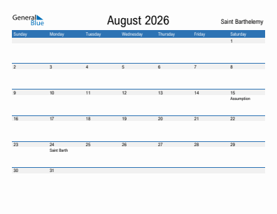 Current month calendar with Saint Barthelemy holidays for August 2026