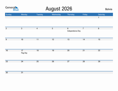 Current month calendar with Bolivia holidays for August 2026
