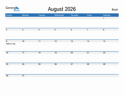 Current month calendar with Brazil holidays for August 2026