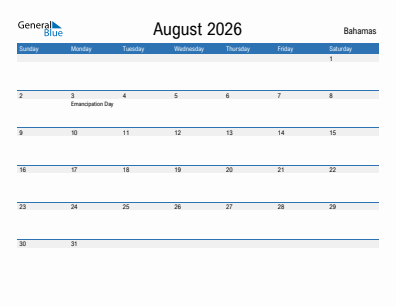 Current month calendar with Bahamas holidays for August 2026