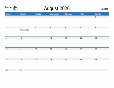 Current month calendar with Canada holidays for August 2026