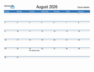 Current month calendar with Cocos Islands holidays for August 2026