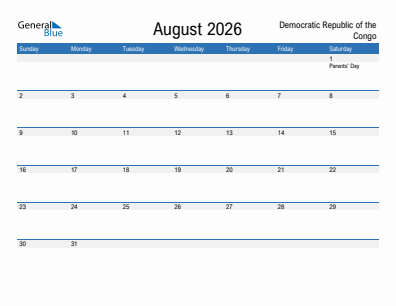 Current month calendar with Democratic Republic of the Congo holidays for August 2026