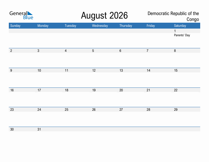 Fillable August 2026 Calendar