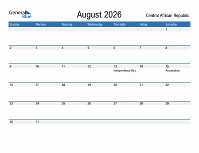 Current month calendar with Central African Republic holidays for August 2026