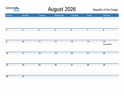 Current month calendar with Republic of the Congo holidays for August 2026