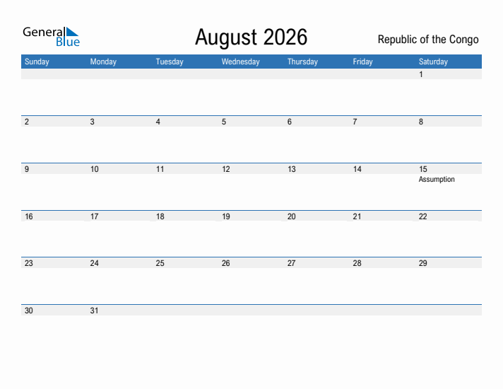 Fillable August 2026 Calendar