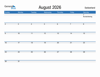 Current month calendar with Switzerland holidays for August 2026