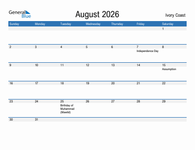 Current month calendar with Ivory Coast holidays for August 2026