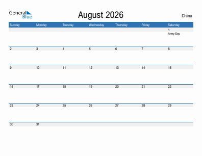 Current month calendar with China holidays for August 2026