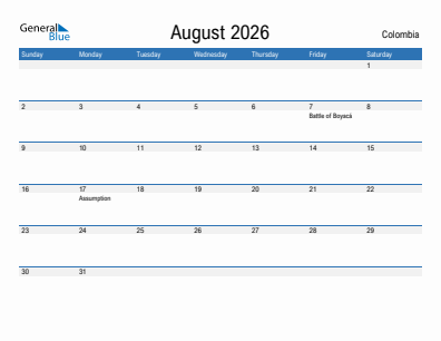 Current month calendar with Colombia holidays for August 2026