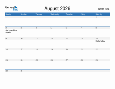 Current month calendar with Costa Rica holidays for August 2026